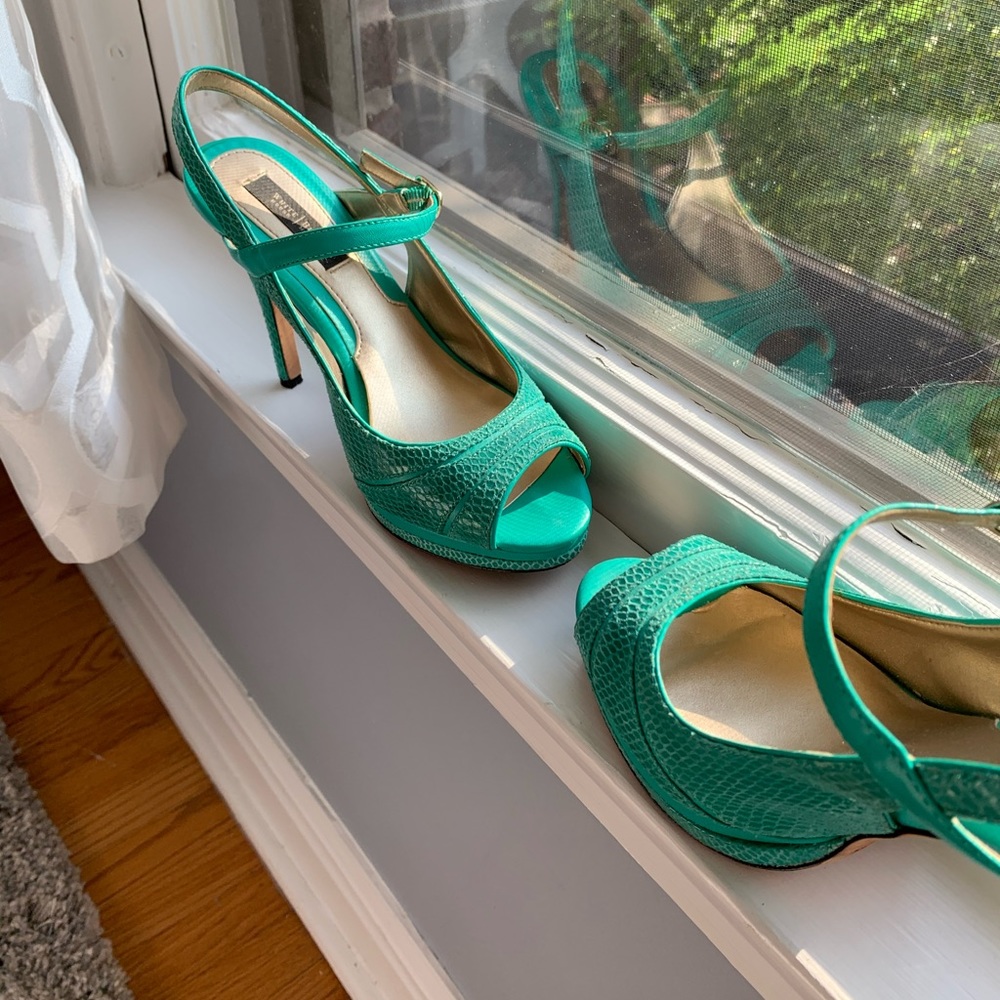 WHBM Tami Teal Snake Print Platform Heels